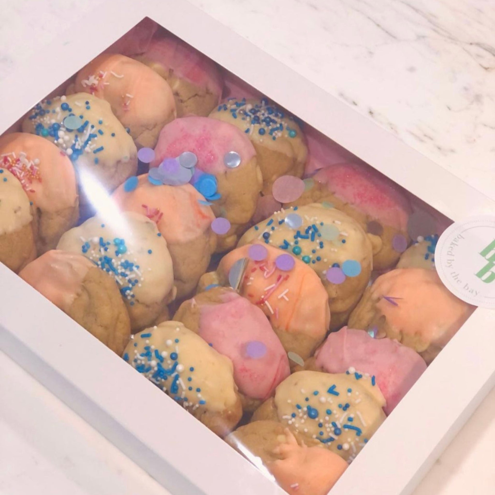 Party cookies packaged up in a white box