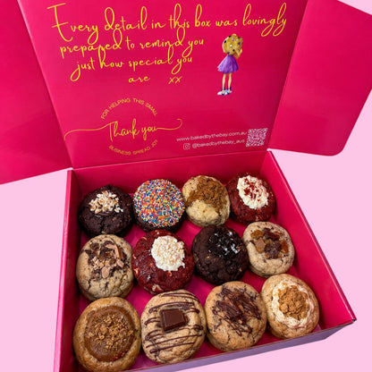 Box of 12 premium chunky cookies in the Baked by the Bay signature hot pink gift box
