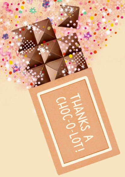 Illustrated greeting card with a chocolate block that ready thanks a choc-o-lot