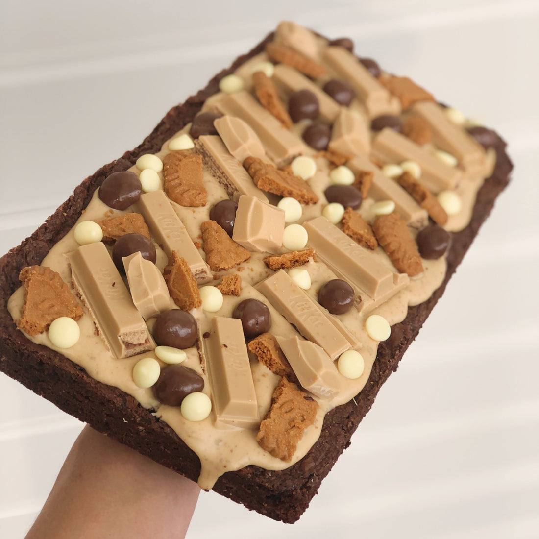 whole brownie slab smothered in caramilk chocolate with biscoff pieces and maltesers and kit kat and white chocolate